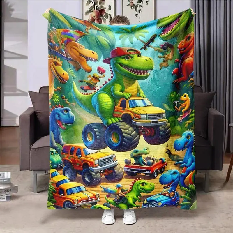 Ultra Soft Plush Cartoon Dinosaur Blanket - Lightweight Flat Weave Fleece, Breathable, Wrinkle Resistant, All Seasons, Home/Travel Use, Gift Set (1 Pack or 2 Pack) for Adults, Geometric Accents, Dinosaur Blankets