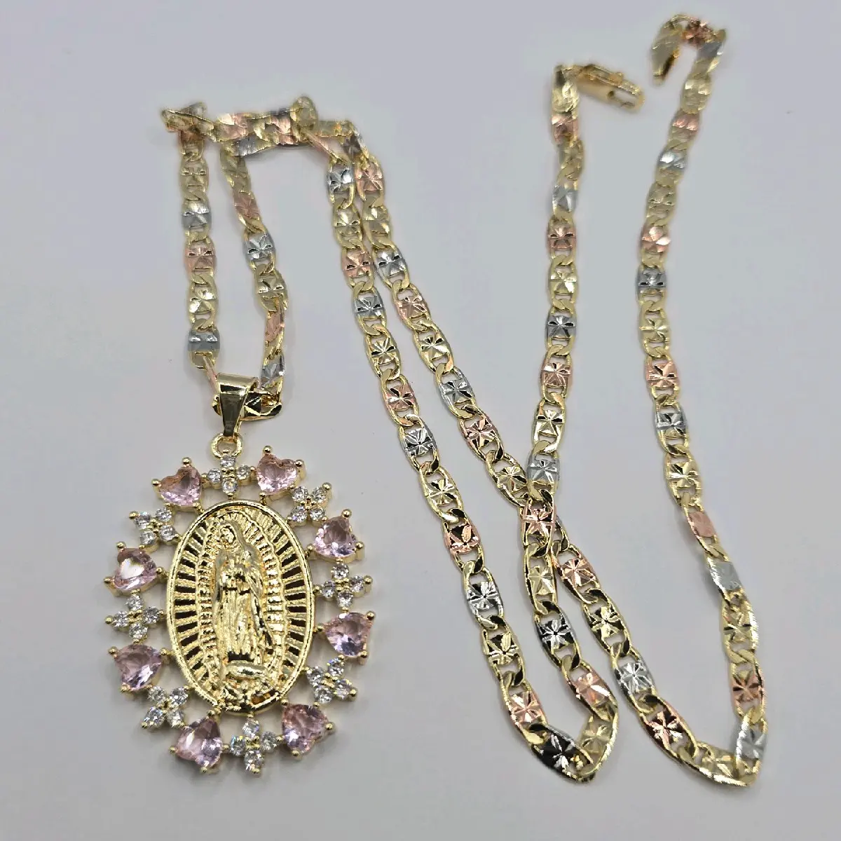 Virgin Mary beautiful necklace pink stone's three colors Gold-plated chain 24"inches