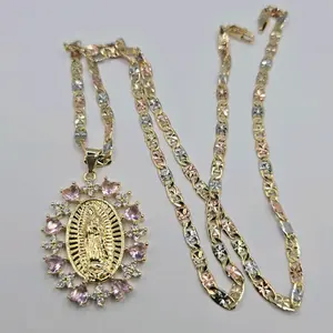Virgin Mary beautiful necklace pink stone's three colors Gold-plated chain 24"inches