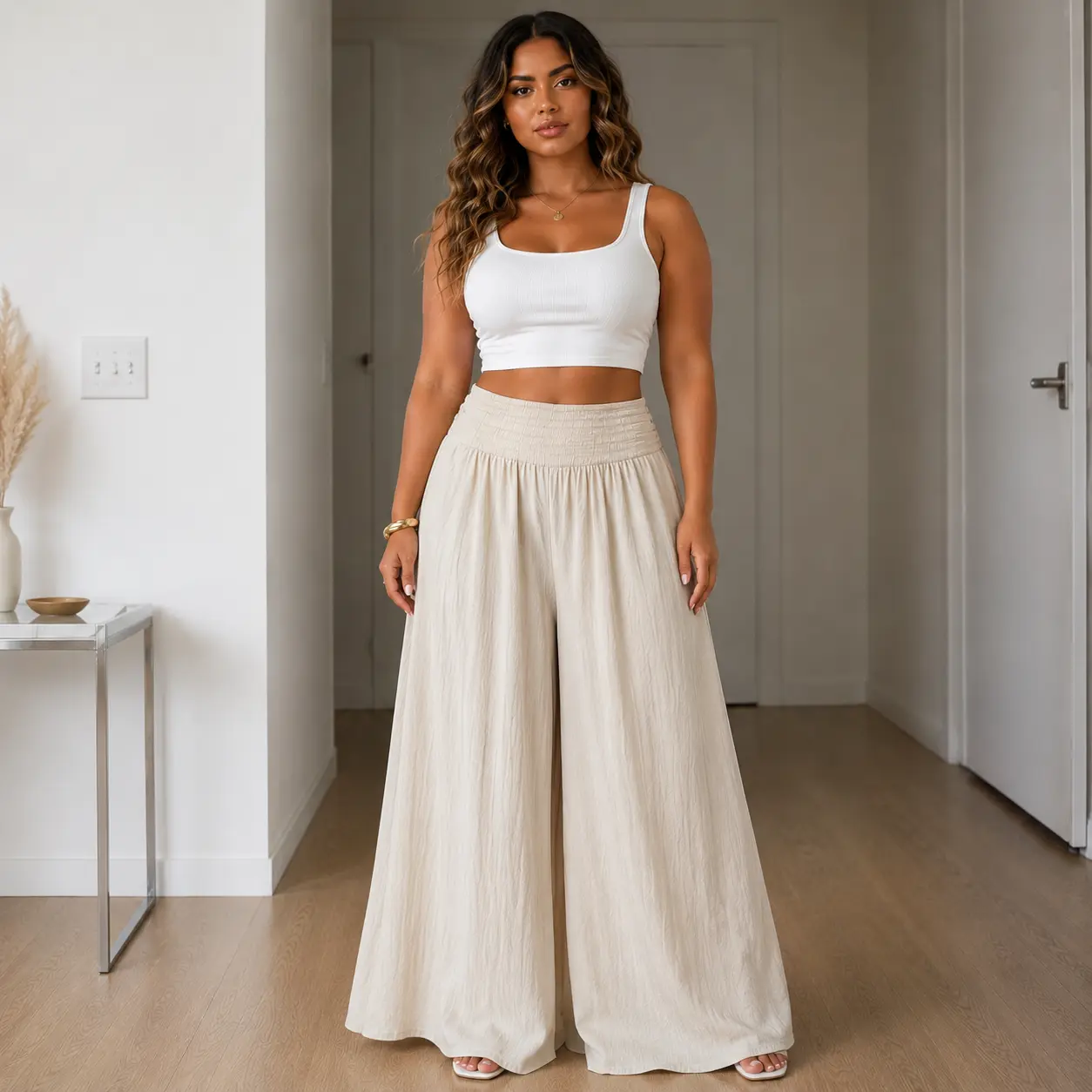 Women’s Wide Leg Pants, High Waisted Smocked Elastic Waist Flowy Palazzo Pants with Pockets, Loose Fit Textured Casual Trousers for Vacation Travel Beach Summer Outfits