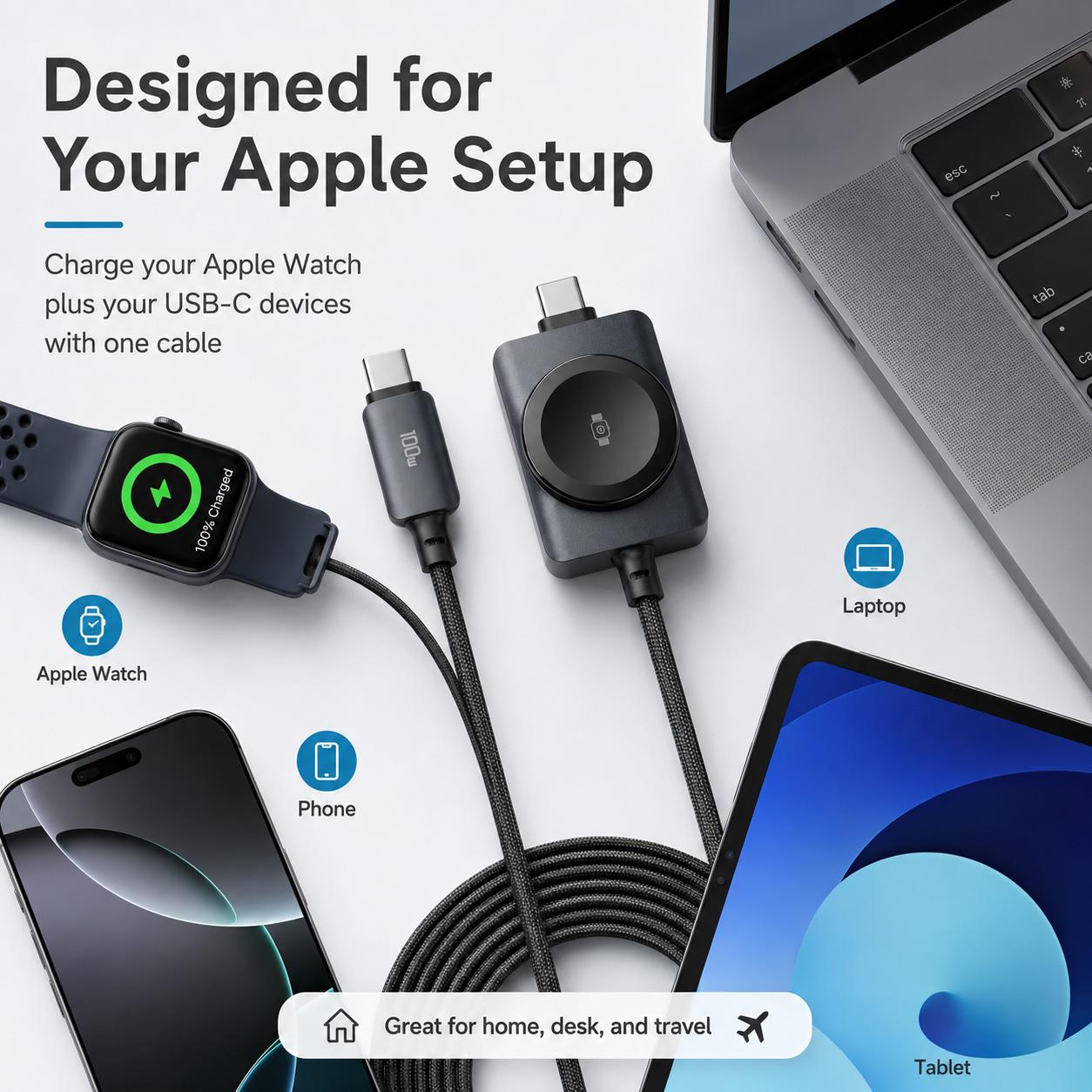 2-in-1 Fast Charging Cable,with Magnetic Watch Charger,100W USB-C PD Fast Charging Braided Cable,5W Magnetic Smartwatch Charger,480Mbps Data Sync Cord Durable Braided Wire for All Device