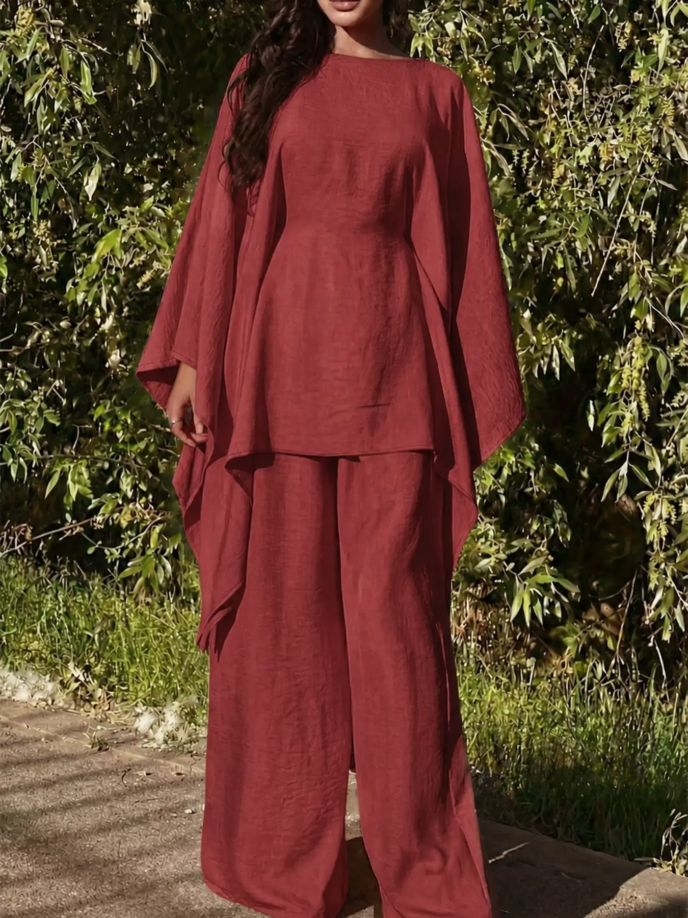 Women's Casual 2-Piece Solid Crew Neck Long Sleeve Blouse/Shirt & Relaxed Easy Loose Fit Wide Leg Pants Set, Elastane Breathable Slimming Flowy Holiday Clothes