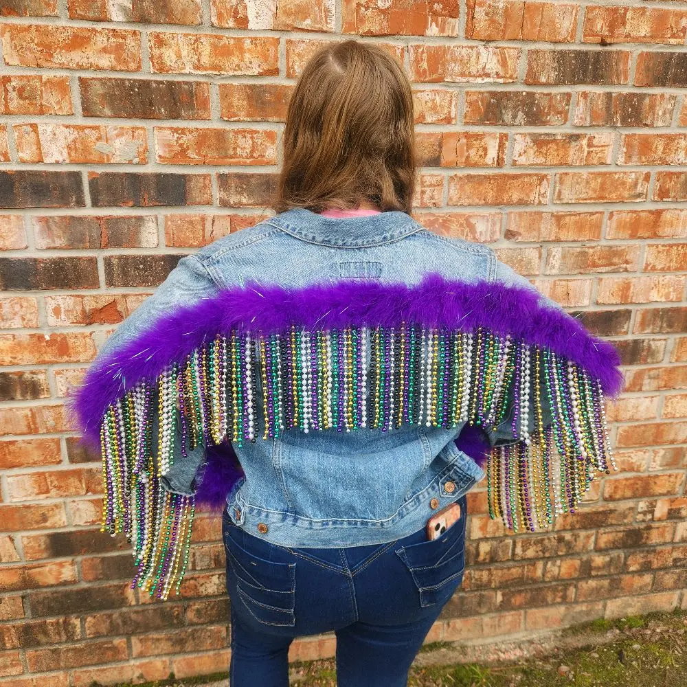 Handmade Mardi Gras Jean Jacket with Bead Fringe and Purple Feather Trim for Festive Outfits Casual Outerwear