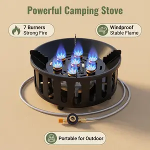 Outdoor Propane Burner Stove, 7-Burner Camping Stove, Cast Iron Portable Propane Burner With And Stainless Steel Hose, Great For Outdoor Wok Burner
