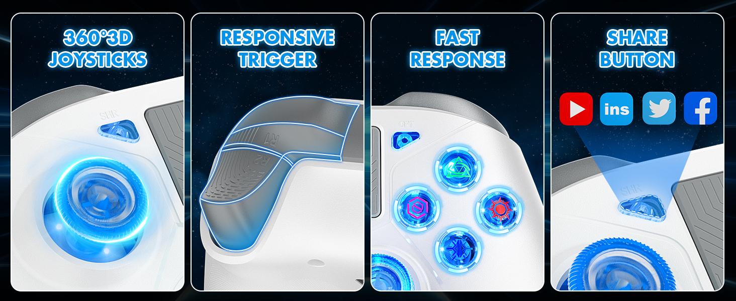 Wireless Controller for PS4, PS4 Pro, PS4 Slim with RGB Light, Turbo Function & Programmable Back Paddles – 1000mAh Fast Charging, 6-Axis Gyro, Dual Vibration, 3.5mm Audio Jack, 15H Game Time