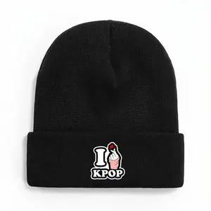 Abulen KPOP Theme Unisex Winter Brimless Hat - Hand Gesture and I KPOP Pattern Print, Acrylic Material with Flannel Edge, Thickened Warm Lightweight Elastic Suitable for Men and Women (Black/Navy Blue/Grey/White/Orange), Cold-Proof Headwear, Fun Design