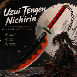 Anime Dagger Prop, Demon Slayer Tengen Uzui Replica Blade, Red Wrapped Handle with Chain, Black Orange Wave Blade, Cosplay Shooting Display Ornament, New Upgrade