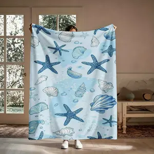 Coastal Flannel Blanket, Blue Shell Starfish Beach Aesthetic Soft Cozy Throw, For Living Room Bedroom, Birthday Gift For Her Friend, Summertime Nautical Decor