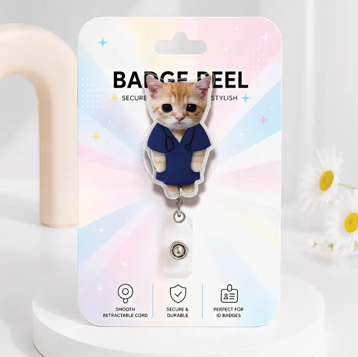 Funny Meme Cat in Scrubs Badge Reel, Retractable ID Holder, Cute Nurse Badge Clip, Healthcare Gift, Pediatric RN