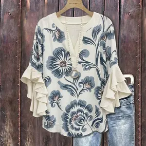 Cherrybetty Retro Floral Print Layered Ruffle Sleeve Top Going Outfits Blouses Women Vintage 90s Tops Funny Shirts Women Elegant Classy Tops cute summer outfit for Teachers and Mom