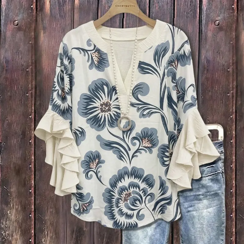 Cherrybetty Retro Floral Print Layered Ruffle Sleeve Top Going Outfits Blouses Women Vintage 90s Tops Funny Shirts Women Elegant Classy Tops cute summer outfit for Teachers and Mom