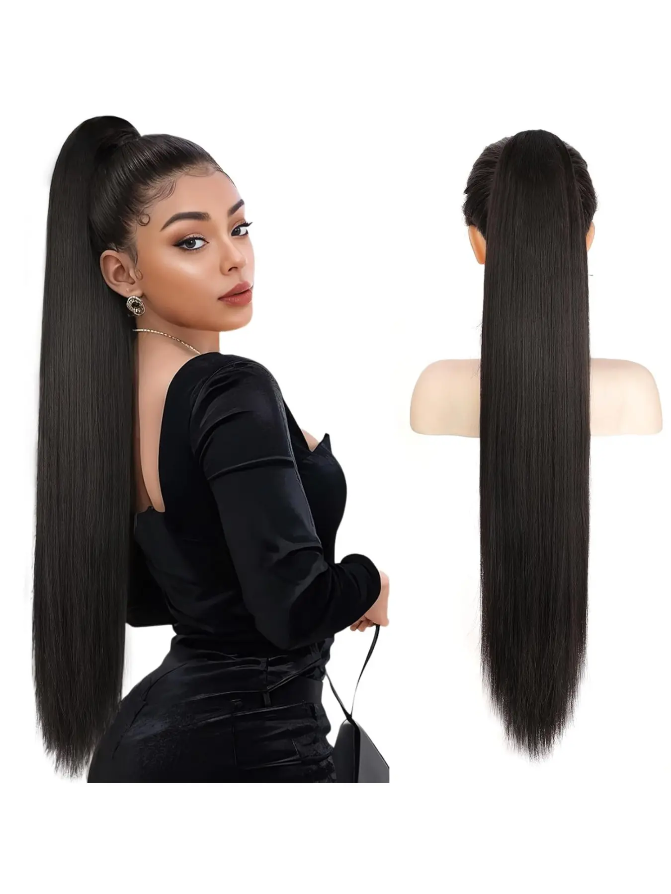 Elastic Net Drawstring Synthetic Hair Extension Ponytail, Fashionable Natural Volume Long Straight Hair Tail, Suitable for Daily Wear by Women, Drawstring Ponytail Extensions