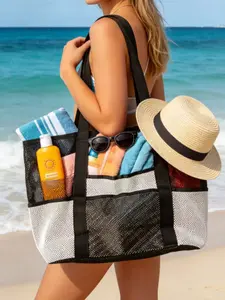 Large Capacity Mesh Beach Bag, Foldable Portable Storage Bag, Breathable Quick Dry Tote, Essential for Beach Vacation