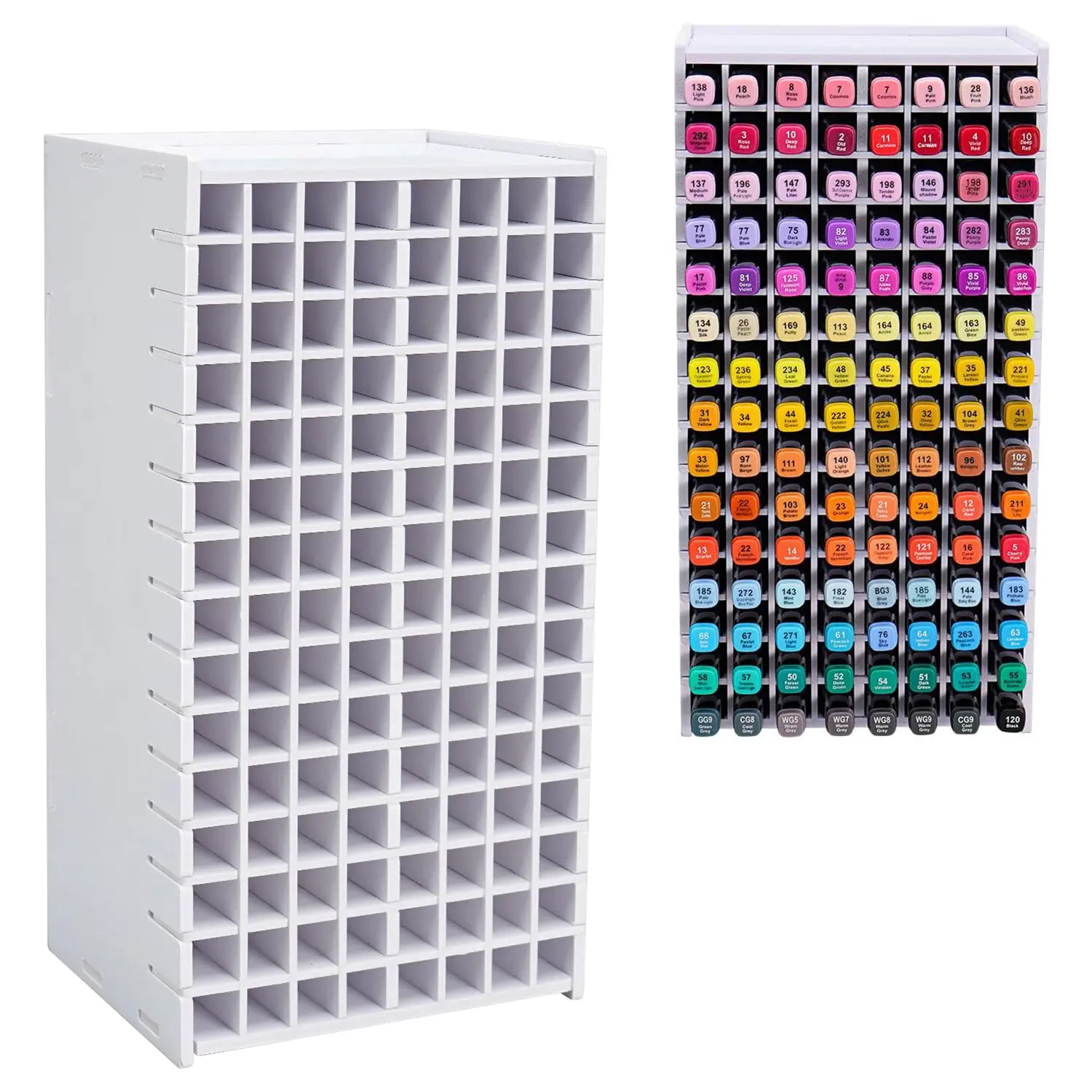 Adjustable Marker Storage Organizer, 120 Slots Vertical Marker Pen Holder, Detachable Divider Art Supply Storage Rack, Stackable Desk Marker Organizer for Paint Markers, Alcohol Markers, Gel Pens