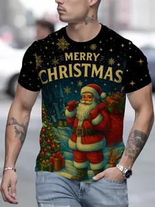 Santa Claus Print Short Sleeve T-Shirt, Unisex Casual Holiday Party Top, Christmas Gift, Graphic Long Fitted Tee, All Seasons