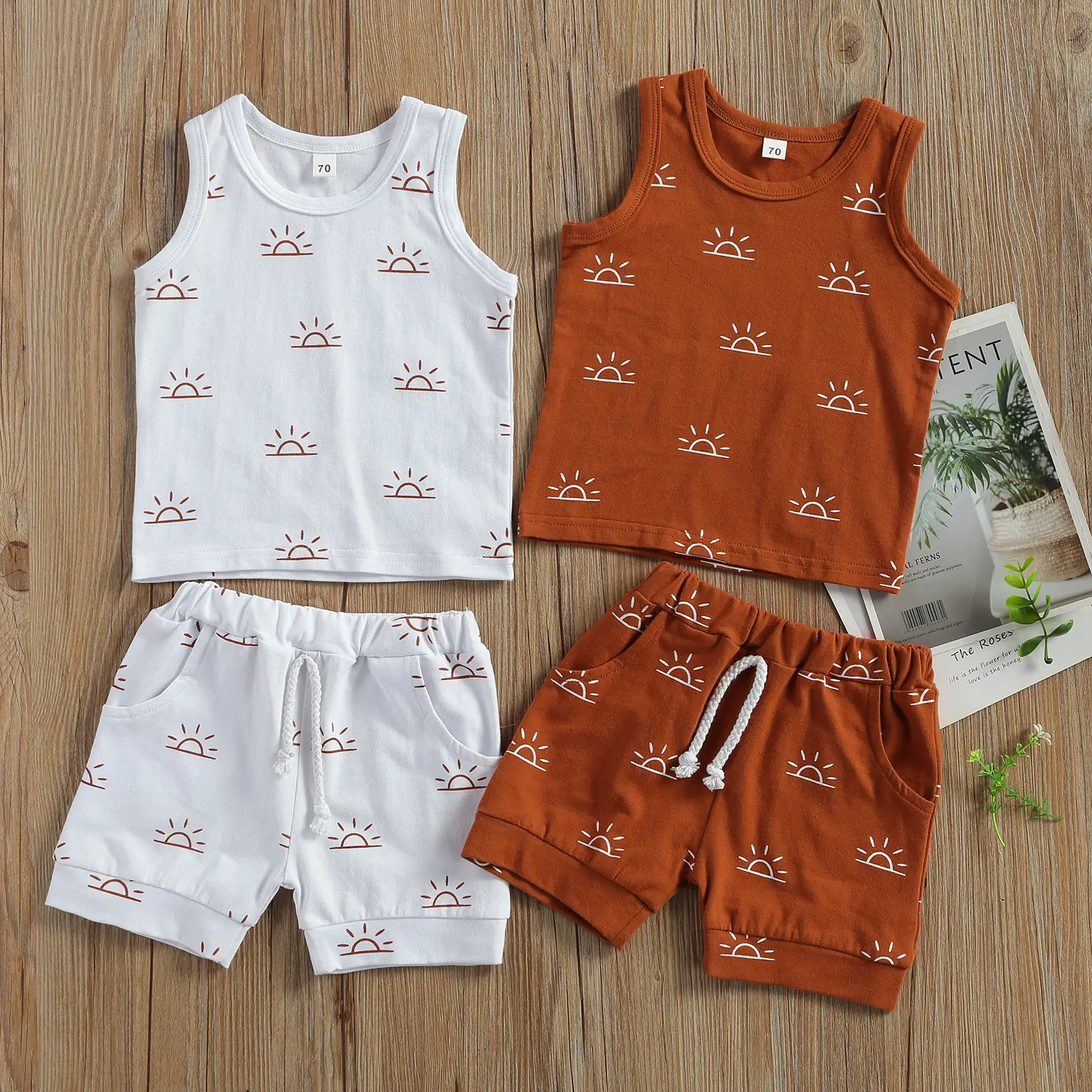 Newborn Baby 2-piece Outfit Set Fashion Sun Print Tank Top+Shorts Set for Kids Boys Girls