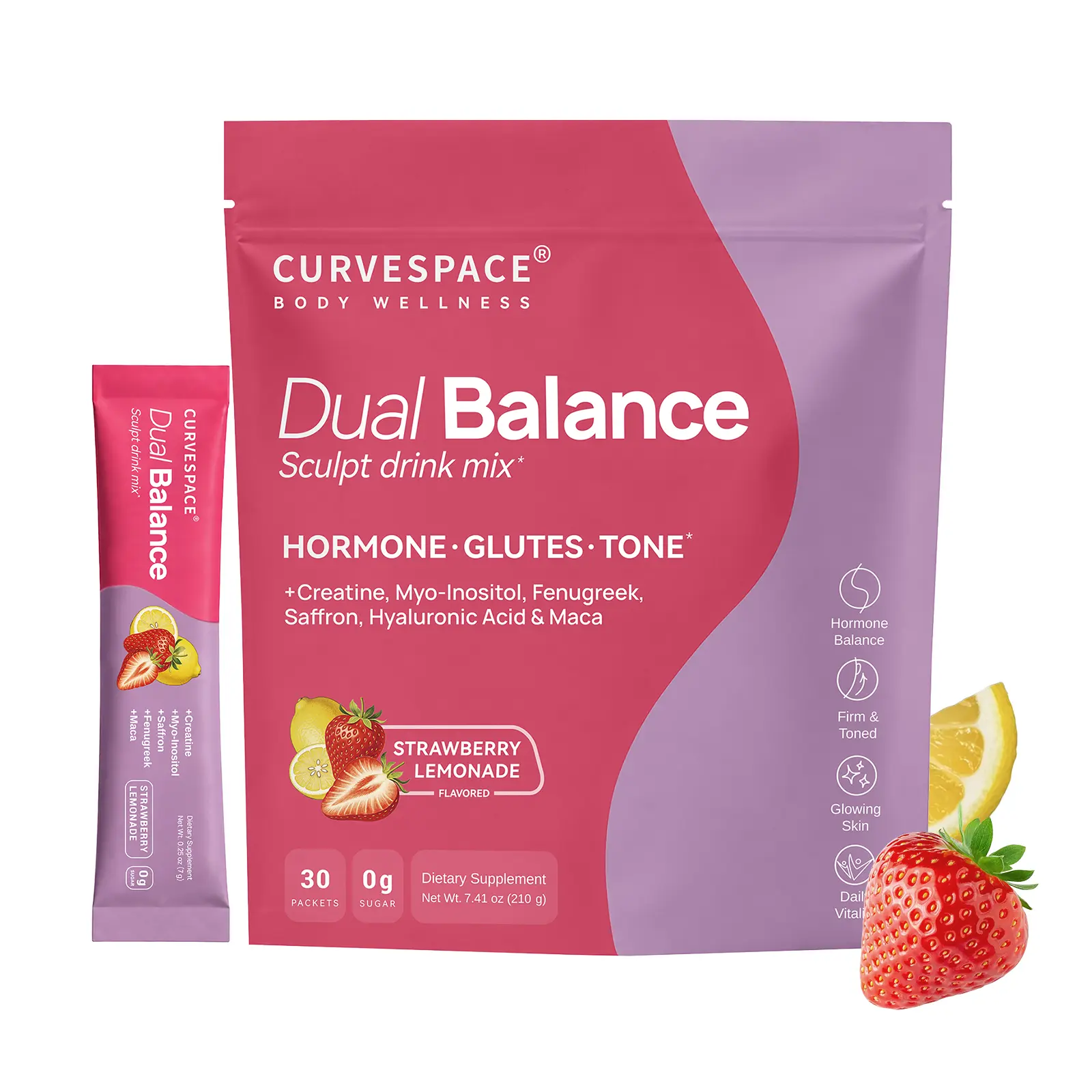 Curvespace Dual Balance Sculpt Drink Mix | Hormone & Muscle Support with Creatine, Myo-inositol, Fenugreek & Saffron, L-Citrulline, Vitex, Maca, Hyaluronic Acid — Strawberry Lemonade, 0g Sugar, 30 Packets Dietary Supplement