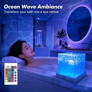 Shower Light Rechargeable 16 Color Changeable Ocean Wave Projector Dimmable Waterproof with Remote Rotating Flame Water Ripple Lamp for Bathroom Bedroom Decor