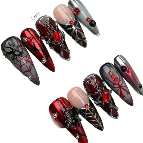 Red Spider Web Press On Nails – 3D Spider, Gem & Web Nail Set for Halloween, Gothic Glam or Cosplay Looks, Nails Design, 3D Handmade nails