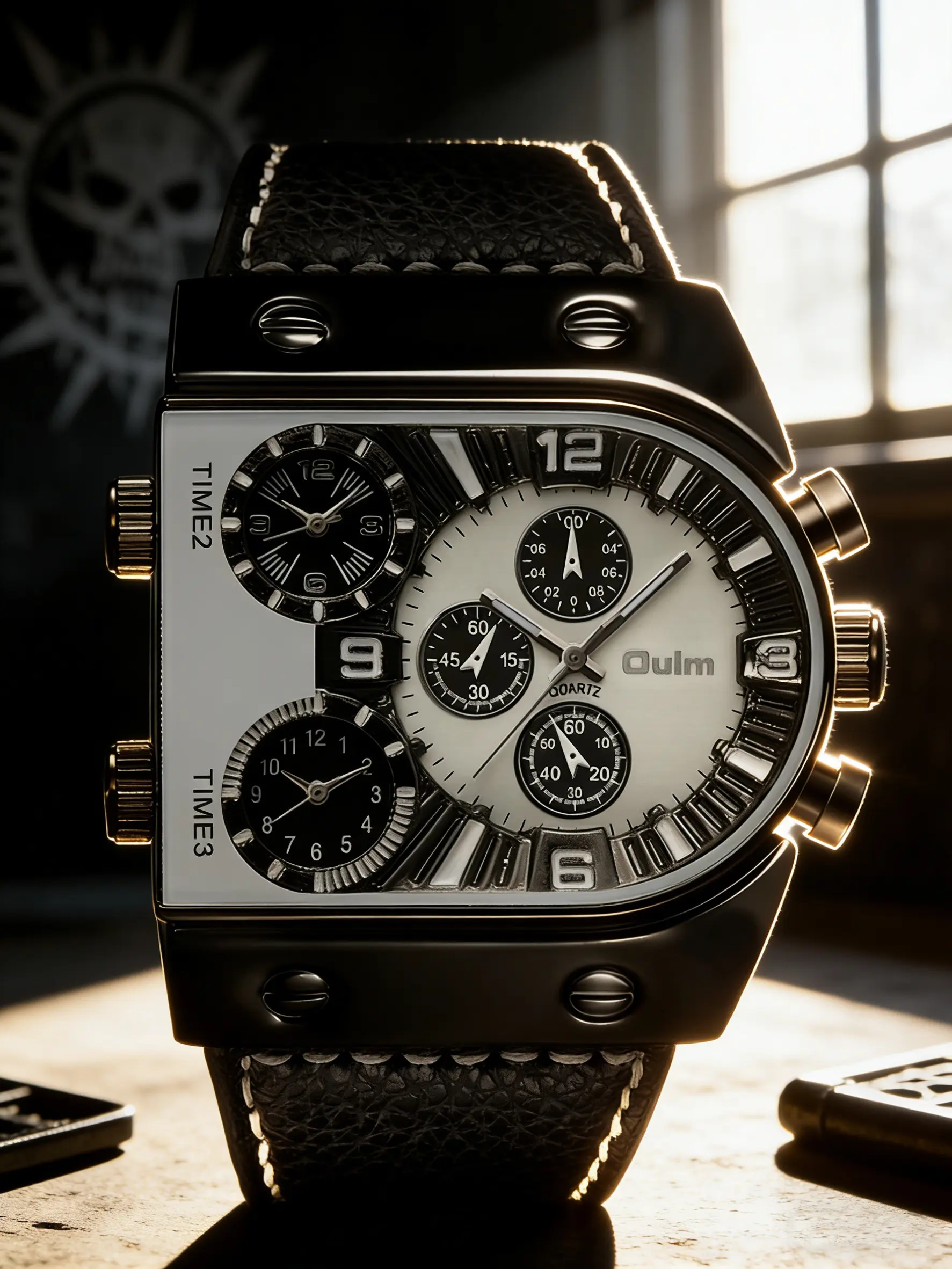 Sci-Fi Punk Style Three-Time Zone Heavy-Duty Watch, Square Mech Shell with Rivet Decoration, Multi-Function Timer Design, Analog Quartz Watches, Quartz Watch, Quartz Wristwatch, Durable Watch