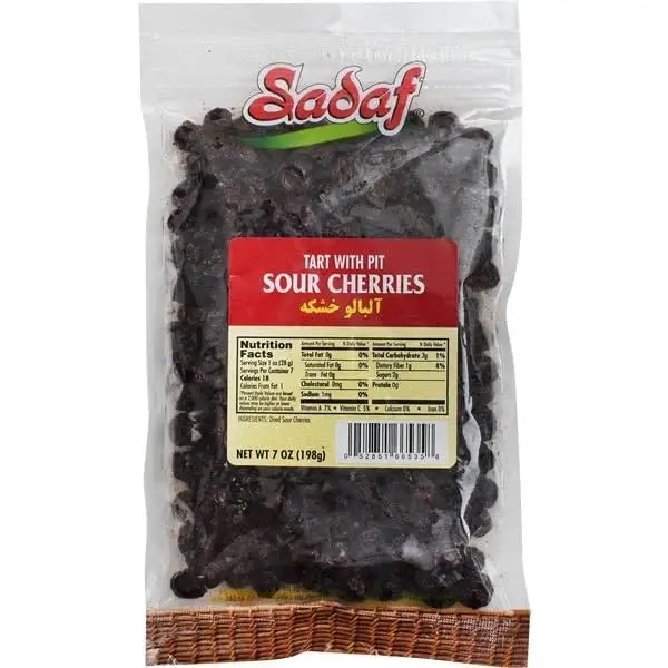 Sadaf Dried Sour Cherries - Tart with Pit - Tart Cherries for Cooking, Food Enhancement and Snacking - 7 Oz Bag