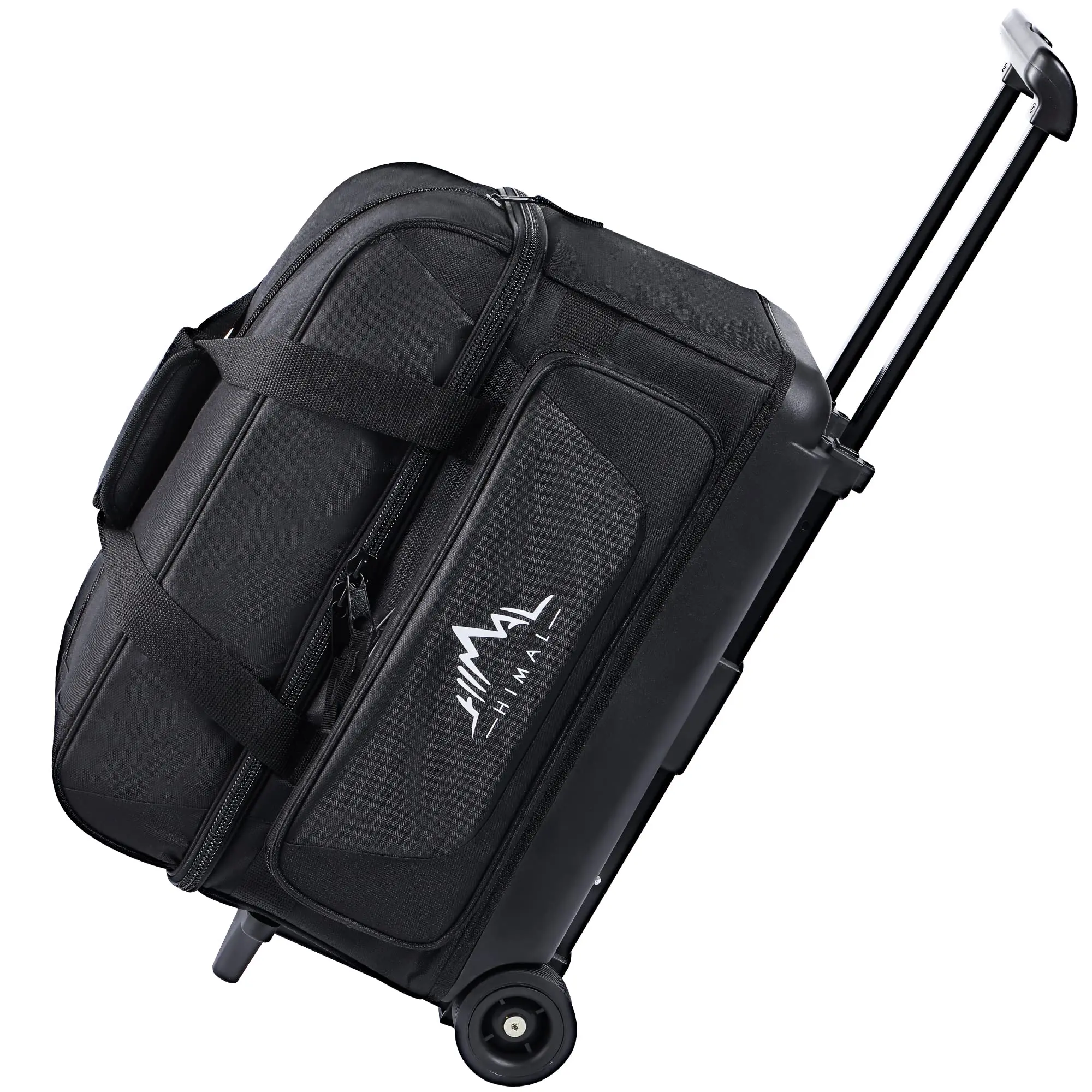 GoHimal Double Roller 2 Ball Bowling Bag with Separate Shoe Compartment for Bowling Shoes (Up To US Mens Size 15) and Oversized Accessory Pocket, Retractable Handle - Extends to 40"
