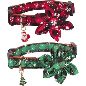 Christmas Dog Collar with Removable Flower, Classic Buffalo Plaid Snowflake Pet Xmas Collar, Adjustable Red Green Christmas Collars for Medium Dog (Medium)
