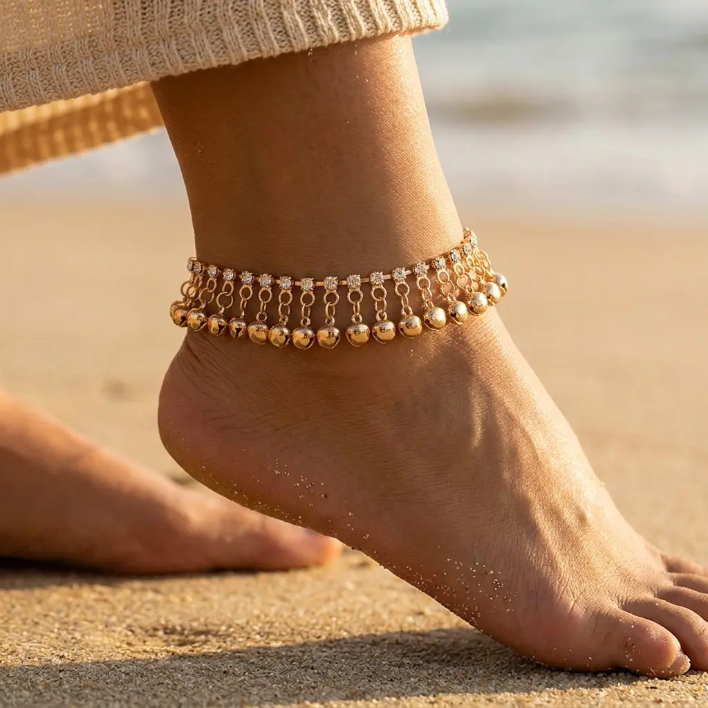 Vintage Tassel Bell Anklet with Rhinestone, Exotic Bohemian Beach Foot Jewelry for Women