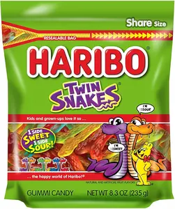 New Variety Pack HARIBO Gummi Candy, Twin Snakes Sweet & Sour Gummy Candy, 8.3 Ounce Resealable Share Size Stand Up Bag, Soft & Chewy Snacks, Assorted Fruity Flavors