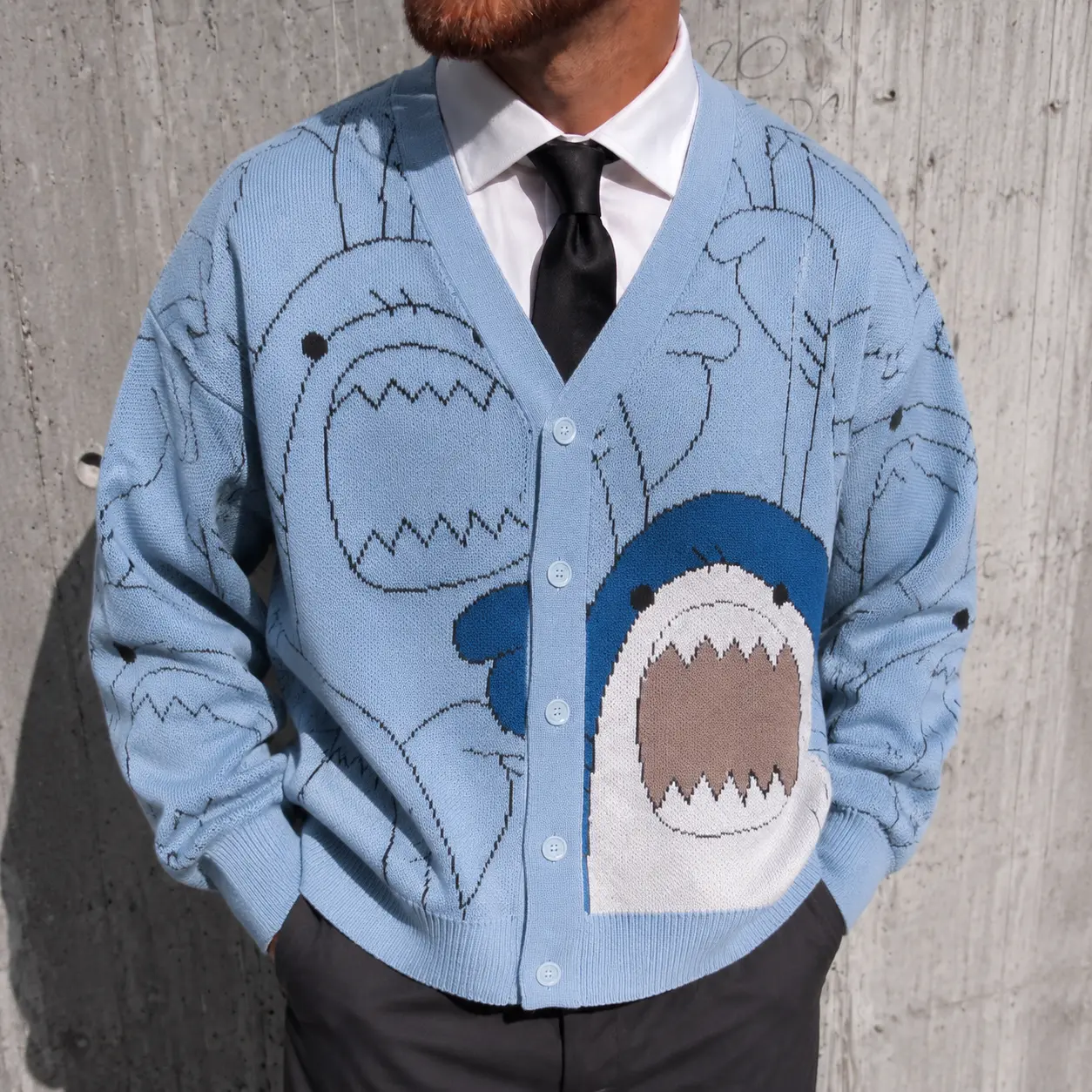 Unisex Oversized Shark Graphic Knit Cardigan. Men's V-Neck Button Down Sweater for Fall Winter Layering. Cute Matching Couples Outfit & Aesthetic School Streetwear. Versatile Casual Outerwear Top for Daily Campus Look.