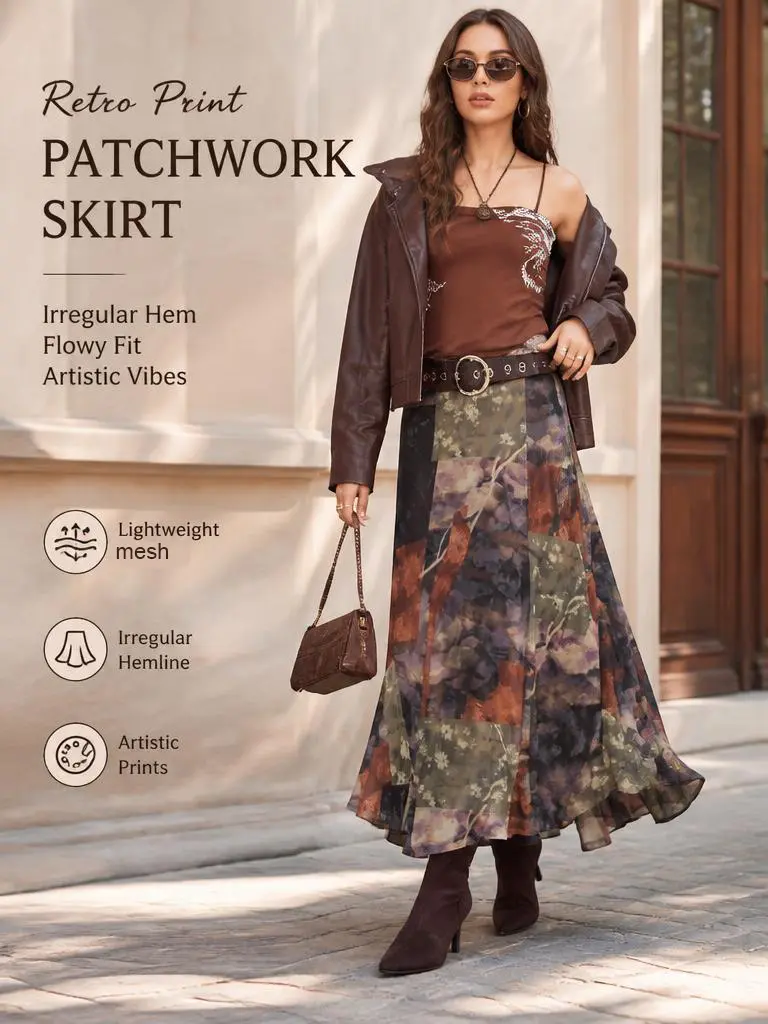 Women's Polyester A-Line Mesh Midi Skirt - Summer Style, Patchwork Floral, Irregular Slit Hem, Sheer High Waist, Elegant Colorblock Tie-Dye, American Retro, Machine Wash, Asymmetric Ruffled, Patterned Maxi Bottoms