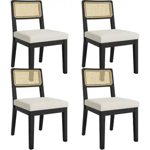 Comfortable Ergonomic Backrest & Natural Wood Frame Nordic Rattan Dining Chair Set – Farmhouse & Mid-Century Style, Natural Finish, Multi-Purpose Design, Black & Natural Tone, 4-Piece Set