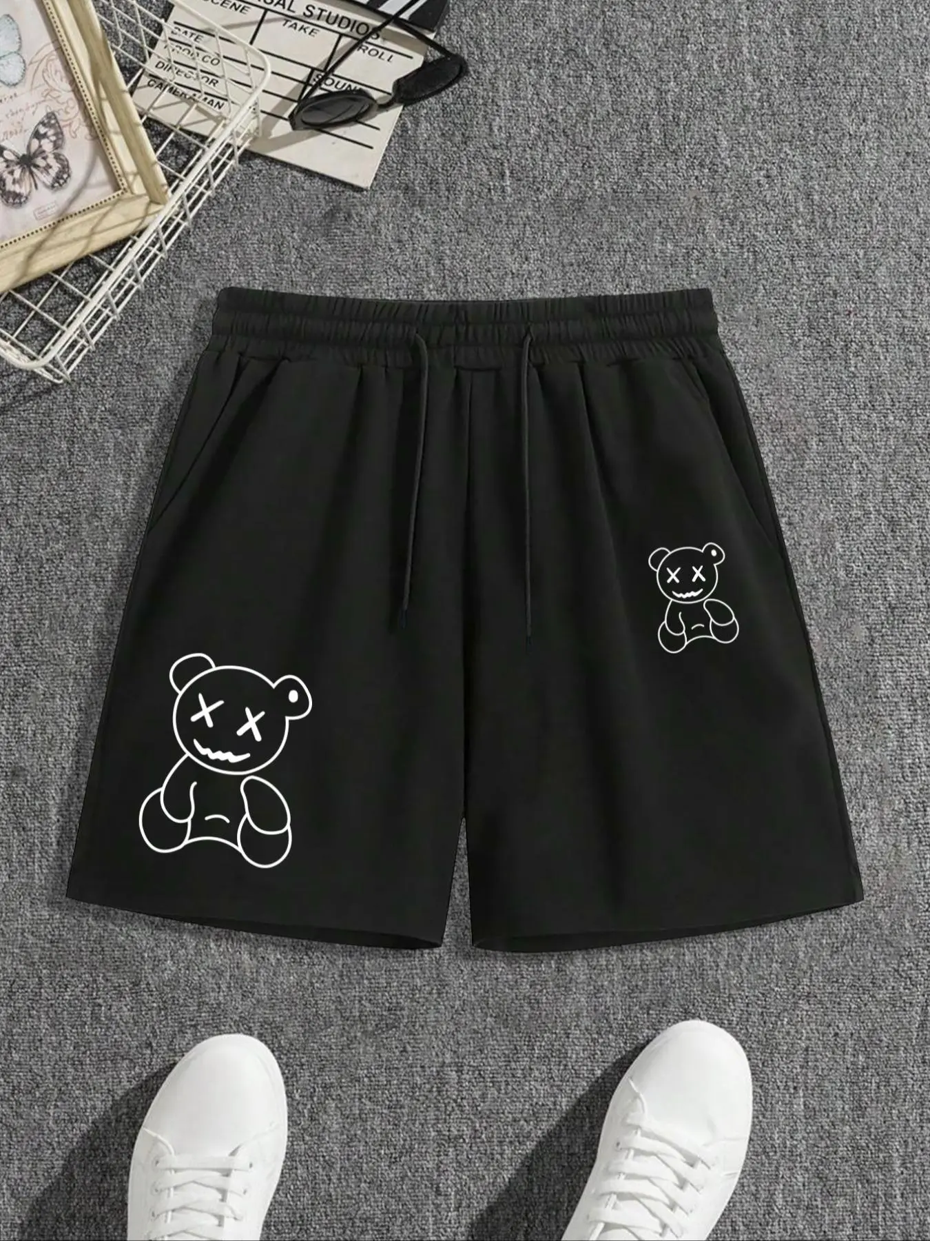 Men's Cartoon Bear Print Drawstring Waist Shorts, Regular Fit Casual Comfy Shorts for Summer, Everyday Shorts, Men's Bottoms for Beach Vacation Daily Wear