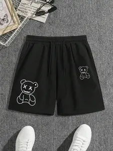 Men's Cartoon Bear Print Drawstring Waist Shorts, Regular Fit Casual Comfy Shorts for Summer, Everyday Shorts, Men's Bottoms for Beach Vacation Daily Wear