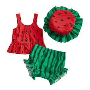 Toddler Girl 3-Piece Polyester Watermelon Summer Outfit Set - Sleeveless Cami Top, Ruffle Trim Shorts, Ruffled Hat - Baby Clothing Gift Set for 0-24 Months, 2-3T