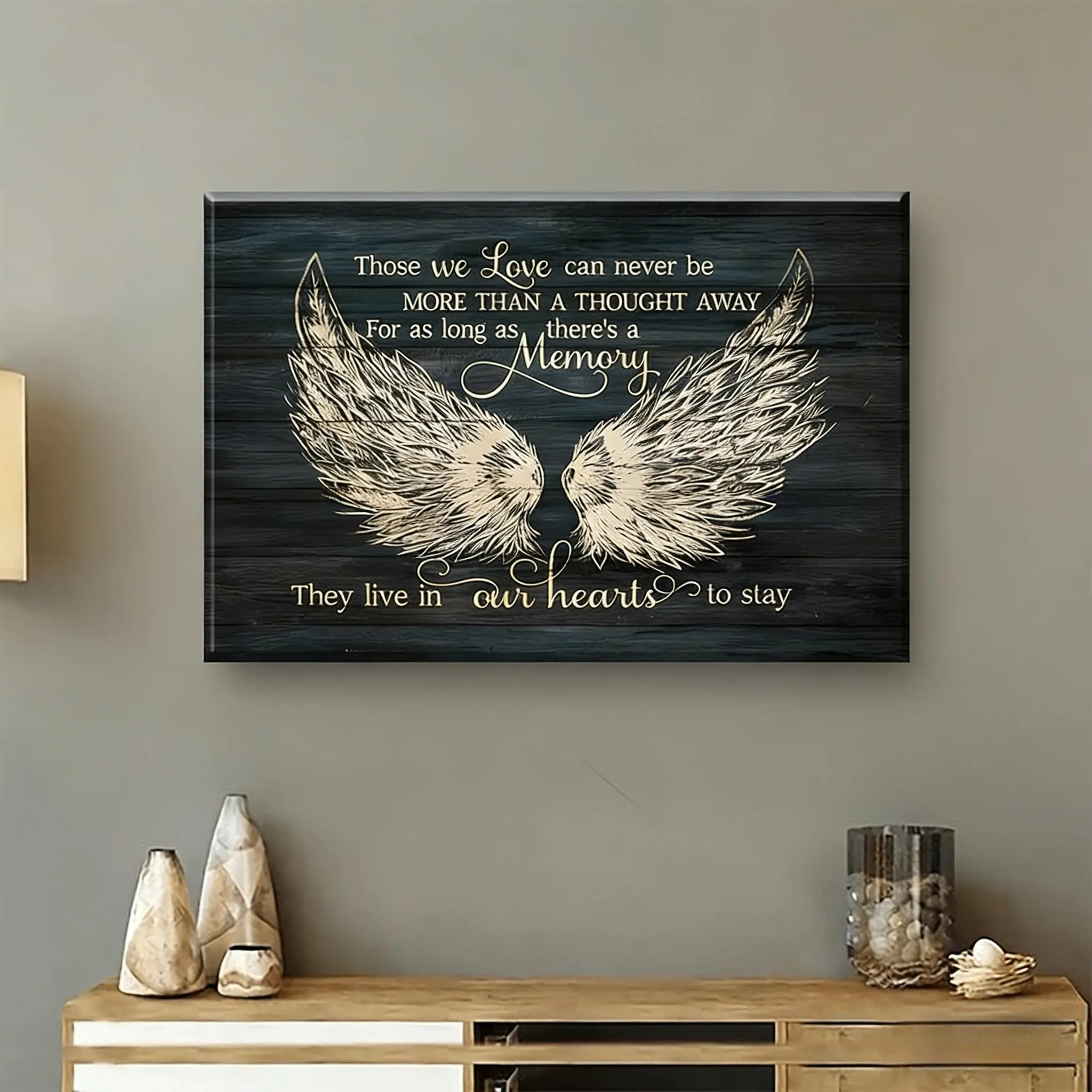 1 Piece Wooden Frame Canvas Painting, Wood Grain Print, Angel Wings, We Can Never Love More Than One Idea, Framed Wall Art Print, Minimalist Design, for Living Room and Bedroom, Home Decoration, Aesthetic Wall Decor, Holiday Gift, Ready to Hang