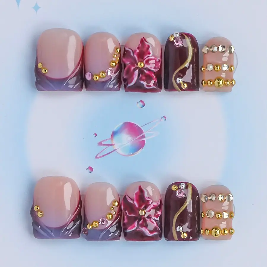 Nailssbysheccid, 10pcs press-on nails, Handmade Press Ons, square shape, French Tip, 3D, Handmade Nail Art, suitable for dates, weddings, best gift for girls, comes with jelly glue, crystal sticks and twisting rods
