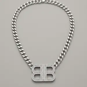 BB Logo Necklace with Rhinestones and Silver Chain stainless steel 18k gold plated