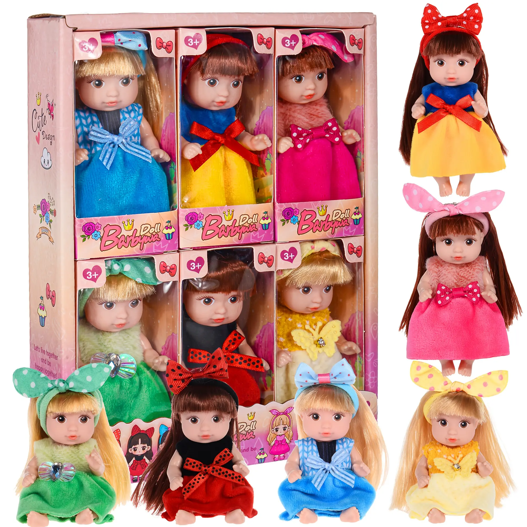 6Pcs Cute Princess Mini Doll Set with Bunny Ear Headbands, Fashion Outfits, Dress-Up Pretend Play Toys, Safe Non-Toxic for Kids 3+, Ideal Birthday Gift for Little Girls, Collectible Small Dolls