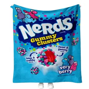 Nerds Very Berry Gummy Clusters Candy Wrapper Full Print Bright Blue Flannel Blanket Soft Warm Throw Plush Blanket Fun Novelty Snack Cartoon Decor Couch Nap Blanket Giftable Candy Lovers Teen Birthday Blanket For Room Party Day Gift Popular Home Blanket