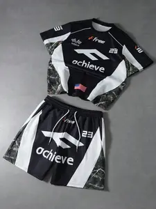 2026 Retro Moto Graphic Print Shorts Set - Breathable Camo Patchwork Sporty Coord, Street Style Summer Set for Beach, Gym, & Casual Daily Wear