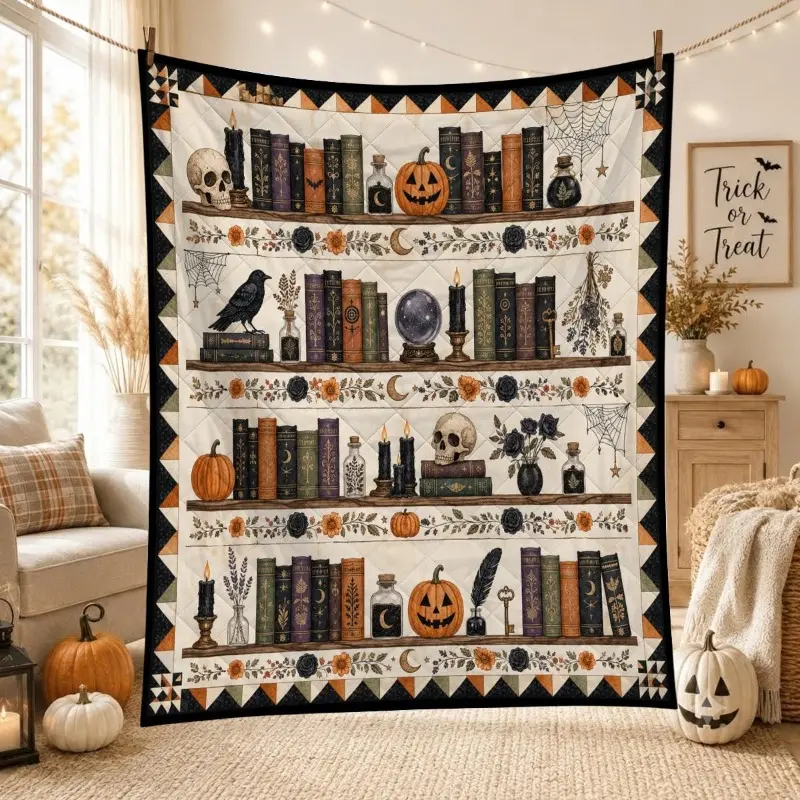 Halloween Bookshelf Quilt Blanket, Gothic Library Patchwork Throw, Spooky Book Lover Quilt, Pumpkin Witchy Decoration, Soft Cozy Flannel Plush Bedding for Sofa Couch Bed Reading Nook Fall Room Decor Gift