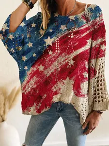 Women's Holiday Style Knit Top, Christmas Pattern, Long Sleeve, Loose Fit, Batwing Shoulder, Casual Elegant, Fall Season