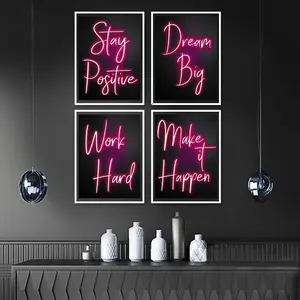 Neon Sign Canvas Painting, 4 Counts/set Modern Encouragement Letter Pattern Wall Art, Wall Decor for Home Living Room Bedroom, Ornaments