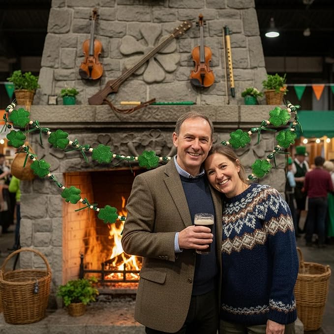 St. Patrick's Day Shamrock Garland Decorations 4.92 ft Velvet Shamrock Hanging Banners with Wood Bead & Bow, Luck Of The Irish Clover Garland Green Decor St.Paddys Party Holiday Fireplace Mantel Indoor Wall Home Decor