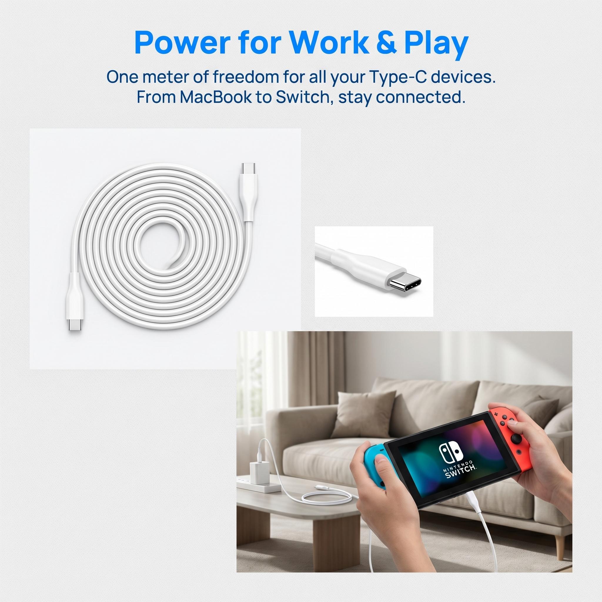 60W USB‑C to USB‑C fast charging cable, PD fast charge and data sync, durable soft TPE, tangle‑free and bend‑resistant, 3.3 ft cord for iPhone 17/16/15, Samsung, Pixel, iPad Pro, MacBook, Switch