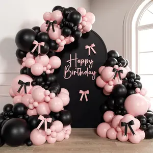 155pcs Pink and Black Balloon Arch Kit, Pink and Black Balloons with Bow Ribbons for Bow Birthday Party Decorations