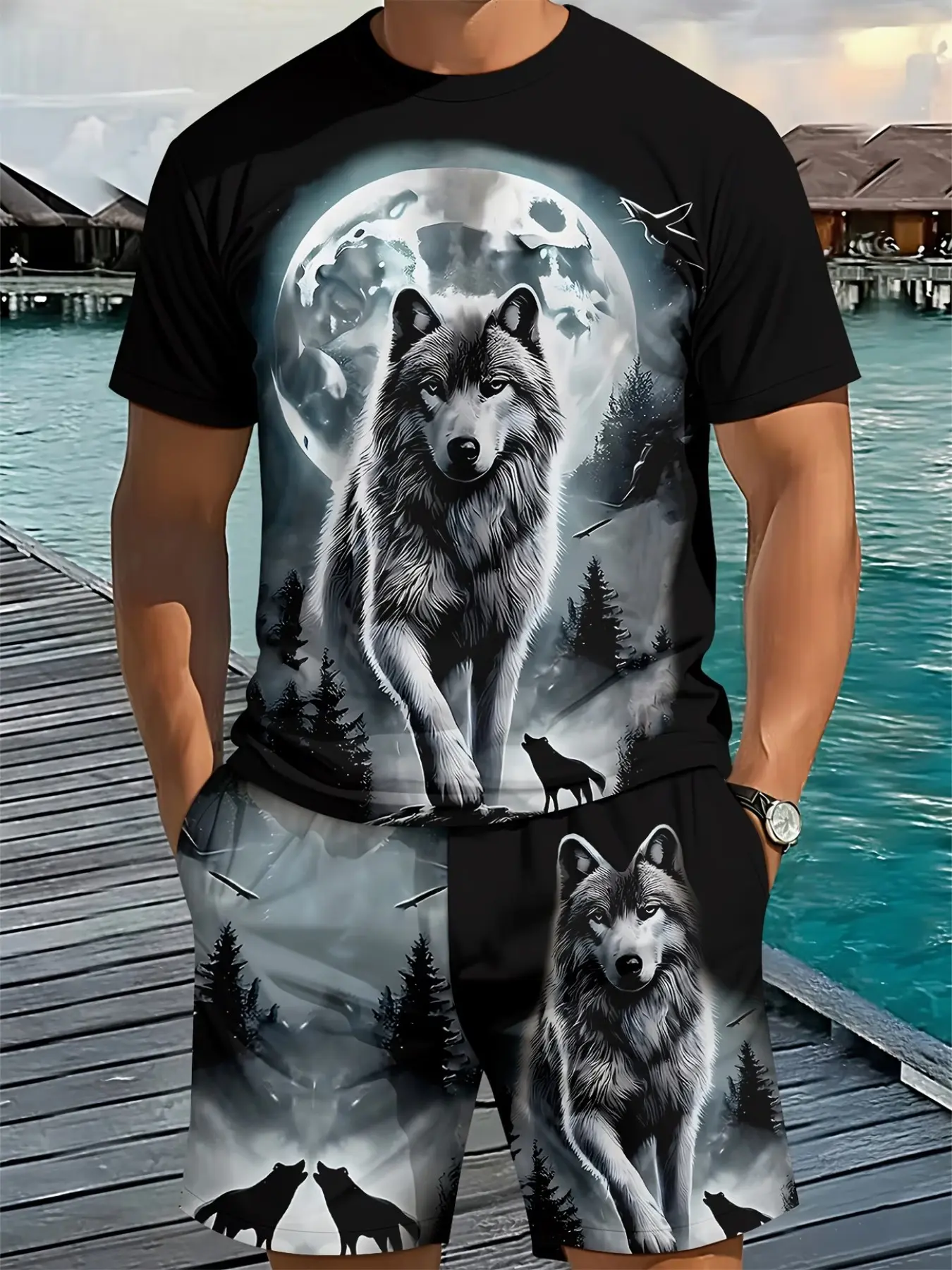 Men's 3D Digital Print Round Neck Short Sleeve Set, Top, Trendy Wolf Theme Two-Piece, Casual Loose-Fit, Perfect Father's Day Gift, Outfit Sets