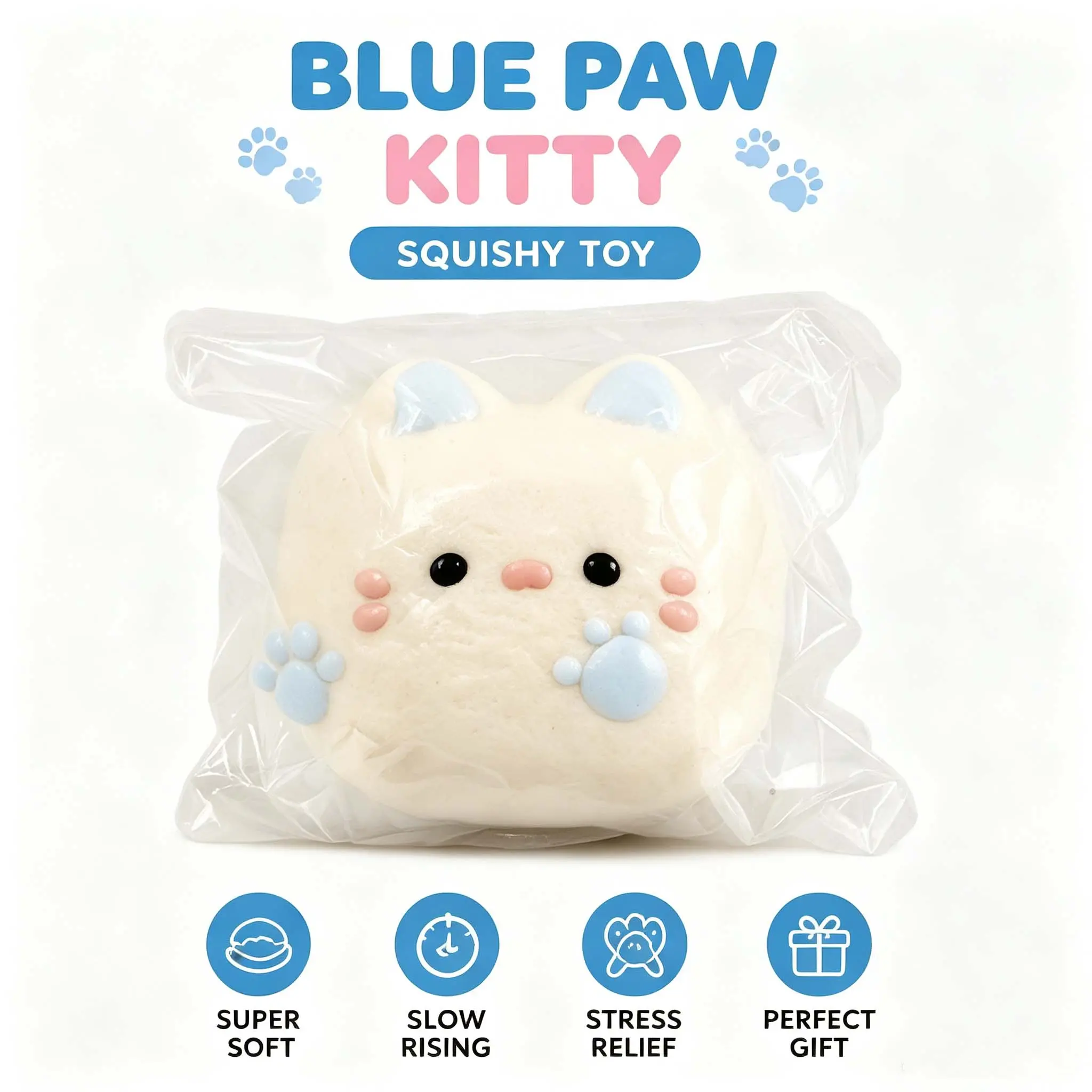 Blue Paw Kitty Squishy Toy, Cute Kawaii Cat Stress Relief Fidget Toy, Soft Slow Rising Squeeze Toy for Kids & Adults, Adorable Gift