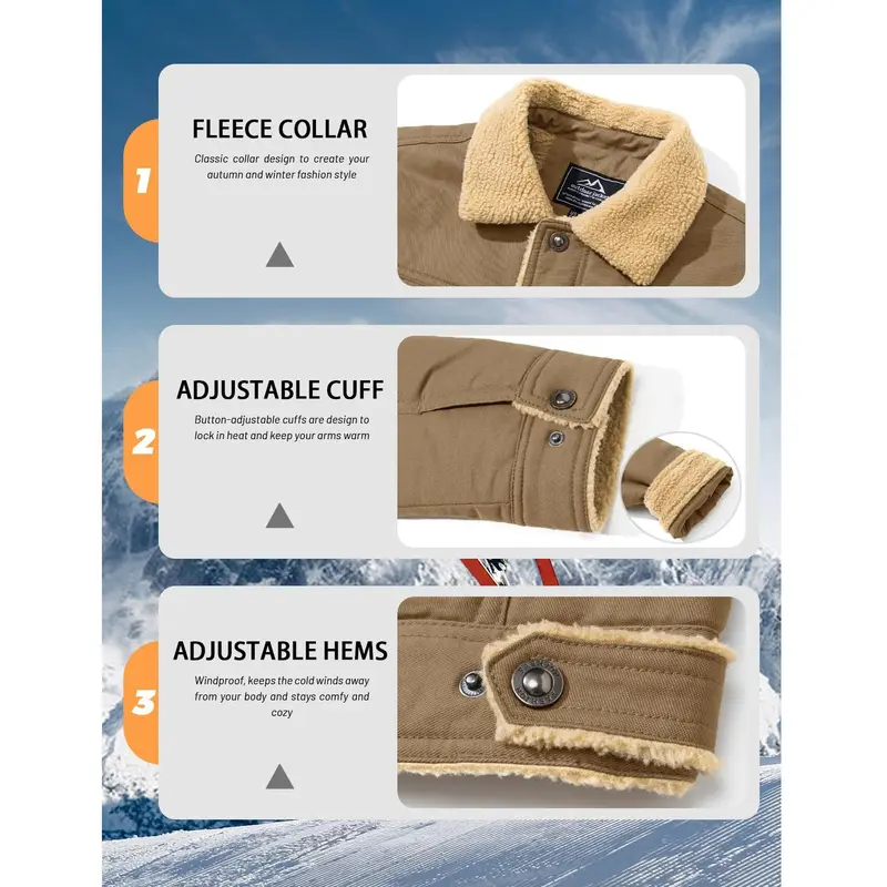 MAGCOMSEN Men's Fitted Sherpa-Lined Soft Cotton Fleece Windproof Trucker Cargo Jacket - Button-Front, Long-Sleeve, Warm Multi-Pocket Collared Coat for Hiking, Casual Outdoor Menswear Tops (Khaki Beige)